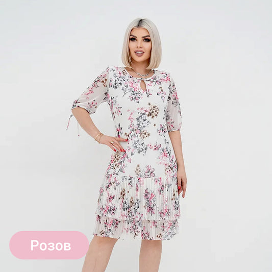 Дамски елегантен къс ръкав плисирана дълга рокля