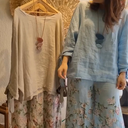 👗 Дамски комплект от блуза със свободна кройка и широки панталони с флорален принт