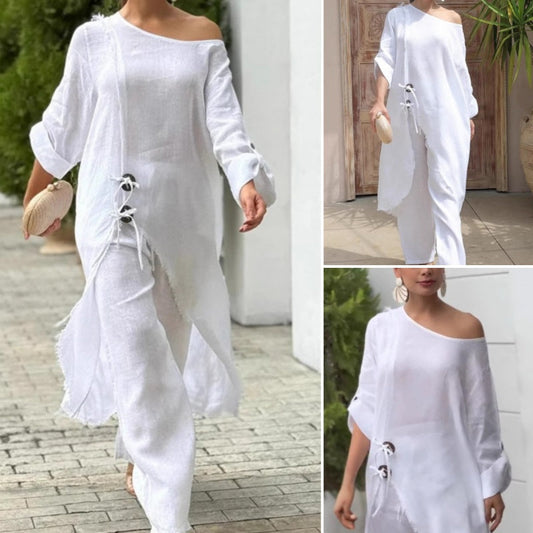 💖Дамска мода плътен цвят наклонено рамо дълъг топ и панталони две парчета комплект