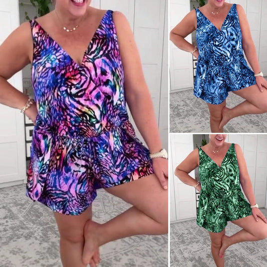 💝 Гореща лятна продажба 💝 2025 Принтиран бански без ръкави с V-образно деколте