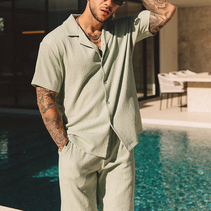 Мъжки моден комплект риза с къс ръкав и къси панталони