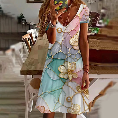 🌸Елегантна рокля с V-образно деколте и флорални мотиви