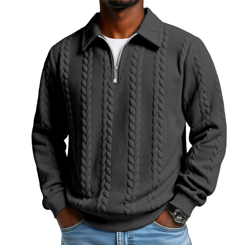 👔🧶 Avslappnad herrtröja med halvglidare & flätmönster – Värm & stilfull i hållbar bomull! Perfekt för arbete och fritid ✨-4