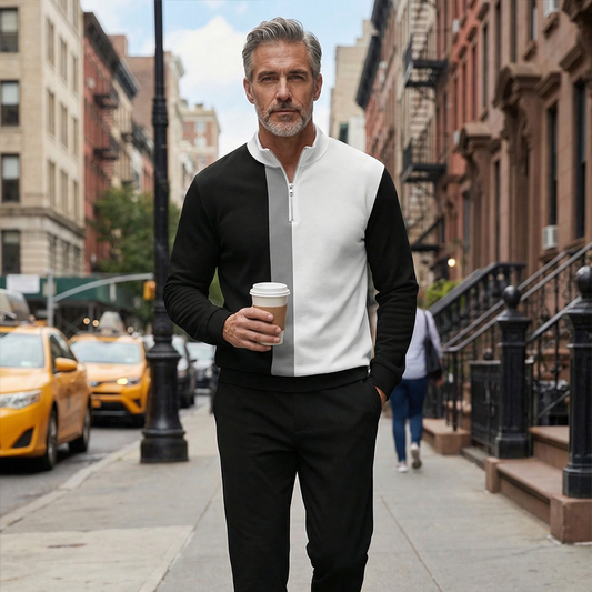 Мъжки комплект с цветни блокове 🏃 – с пуловер с 1/4 цип и панталони