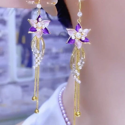 💎 Елегантни обеци с лилави цветя и ресни