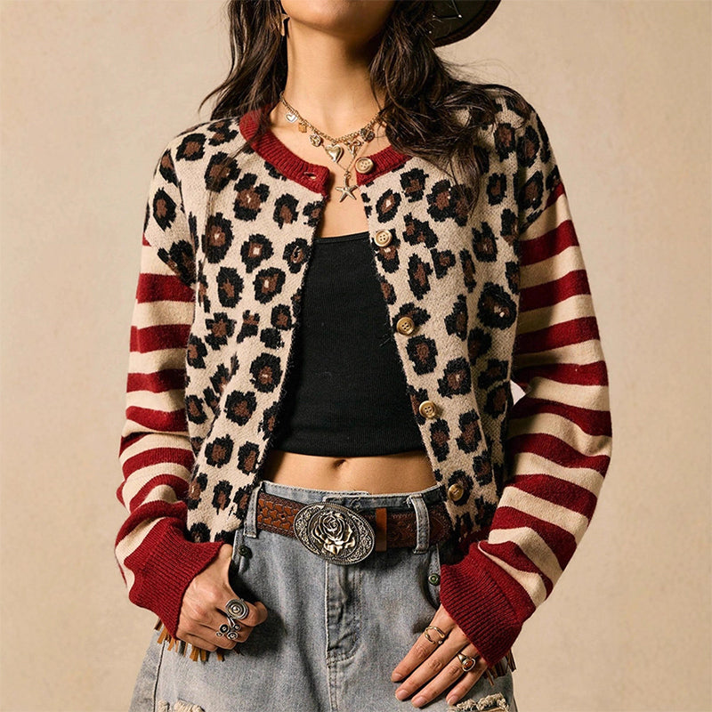 Tidlös Stickad Cardigan Dam – Mjuk Kofta med Elegant Leopardmönster-1