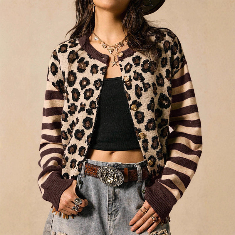Tidlös Stickad Cardigan Dam – Mjuk Kofta med Elegant Leopardmönster-3