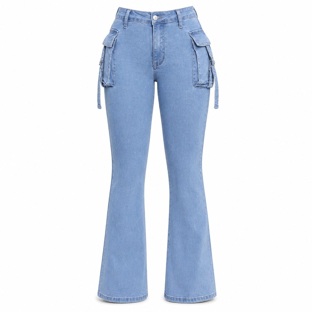 📢🎉50 % rabatt!!!🛍️✨Mycket elastiska, figursydda cargo-jeans med veckade ben för damer och fickor med flikar-8