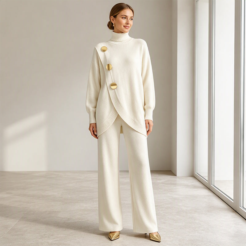 🛍️ Specialerbjudande ✨ Elegant set med damtröja med hög hals och byxor med vida ben – bekväm passform och elegant look-6