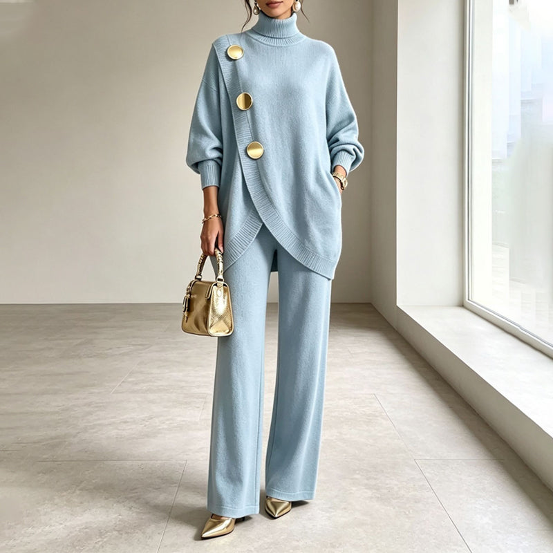 🛍️ Specialerbjudande ✨ Elegant set med damtröja med hög hals och byxor med vida ben – bekväm passform och elegant look-9