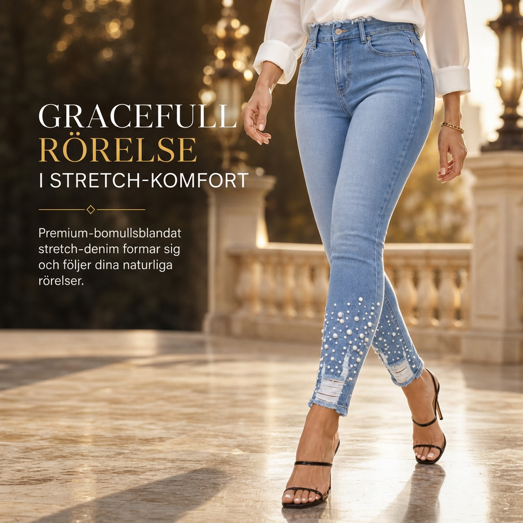 Ljusblå smala skinnyjeans för kvinnor med pärlbesättning, oförarbetad och nött midja samt slitage och riffiga fotutsvängar-2
