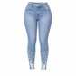 Ljusblå smala skinnyjeans för kvinnor med pärlbesättning, oförarbetad och nött midja samt slitage och riffiga fotutsvängar-8
