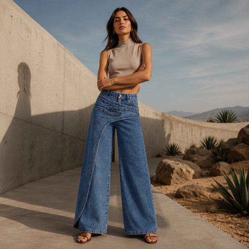 Damhoodiga trendsatta jeans med asymmetrisk överlappning och vid ben-8