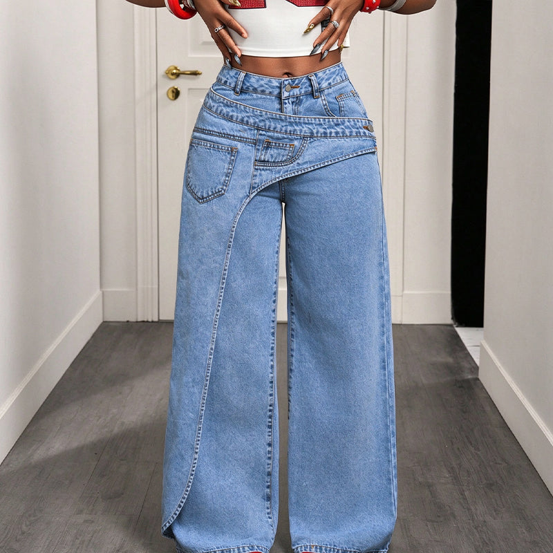 Damhoodiga trendsatta jeans med asymmetrisk överlappning och vid ben-11