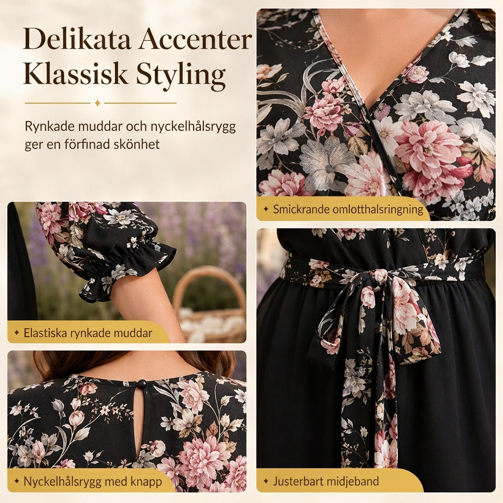 📢🎉50 % rabatt!!!🛍️✨Elegant jumpsuit med blommönster, omlott-V-ringning, vida ben, snörning i midjan och rynkade 3/4-ärmar-4