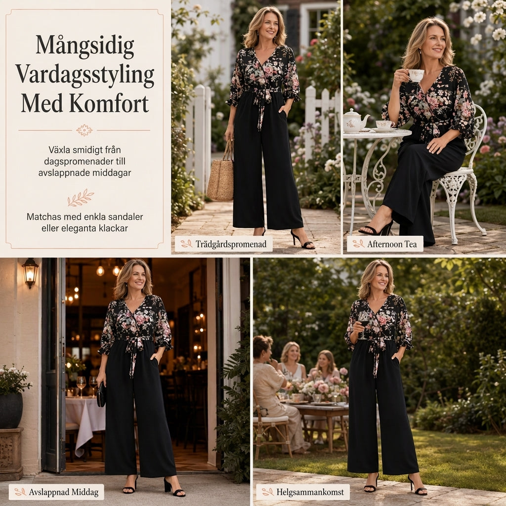 📢🎉50 % rabatt!!!🛍️✨Elegant jumpsuit med blommönster, omlott-V-ringning, vida ben, snörning i midjan och rynkade 3/4-ärmar-6