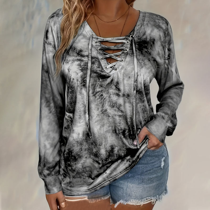 Damtopp med tie-dye-tryck, snörning och V-ringning-10