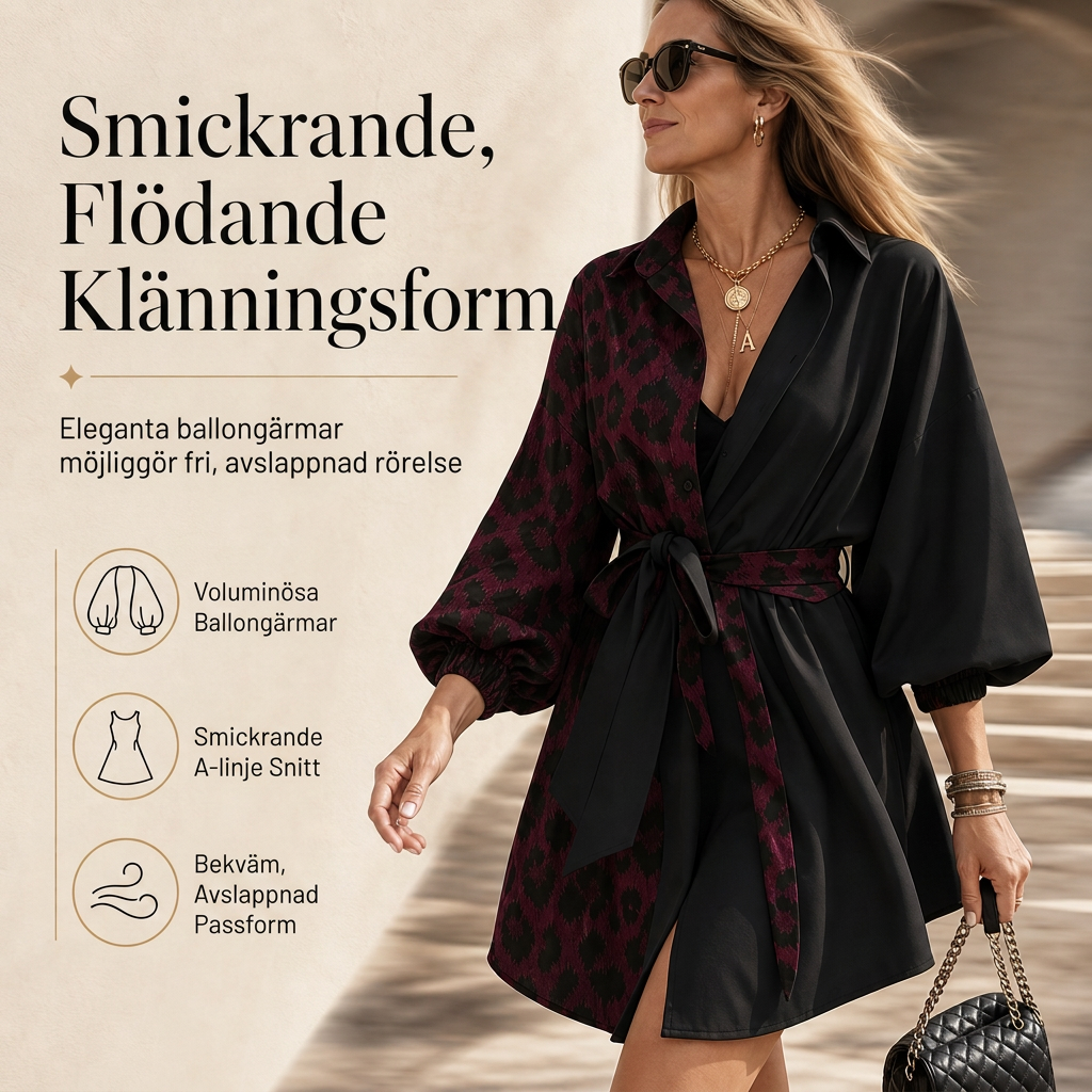 50 % RABATT🖤 🐆Långärmad miniklänning för damer med leopardmönster och kontrasterande lappar samt bälte-5