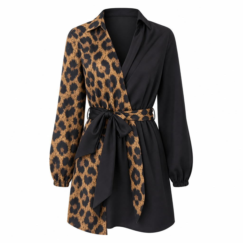 50 % RABATT🖤 🐆Långärmad miniklänning för damer med leopardmönster och kontrasterande lappar samt bälte-8
