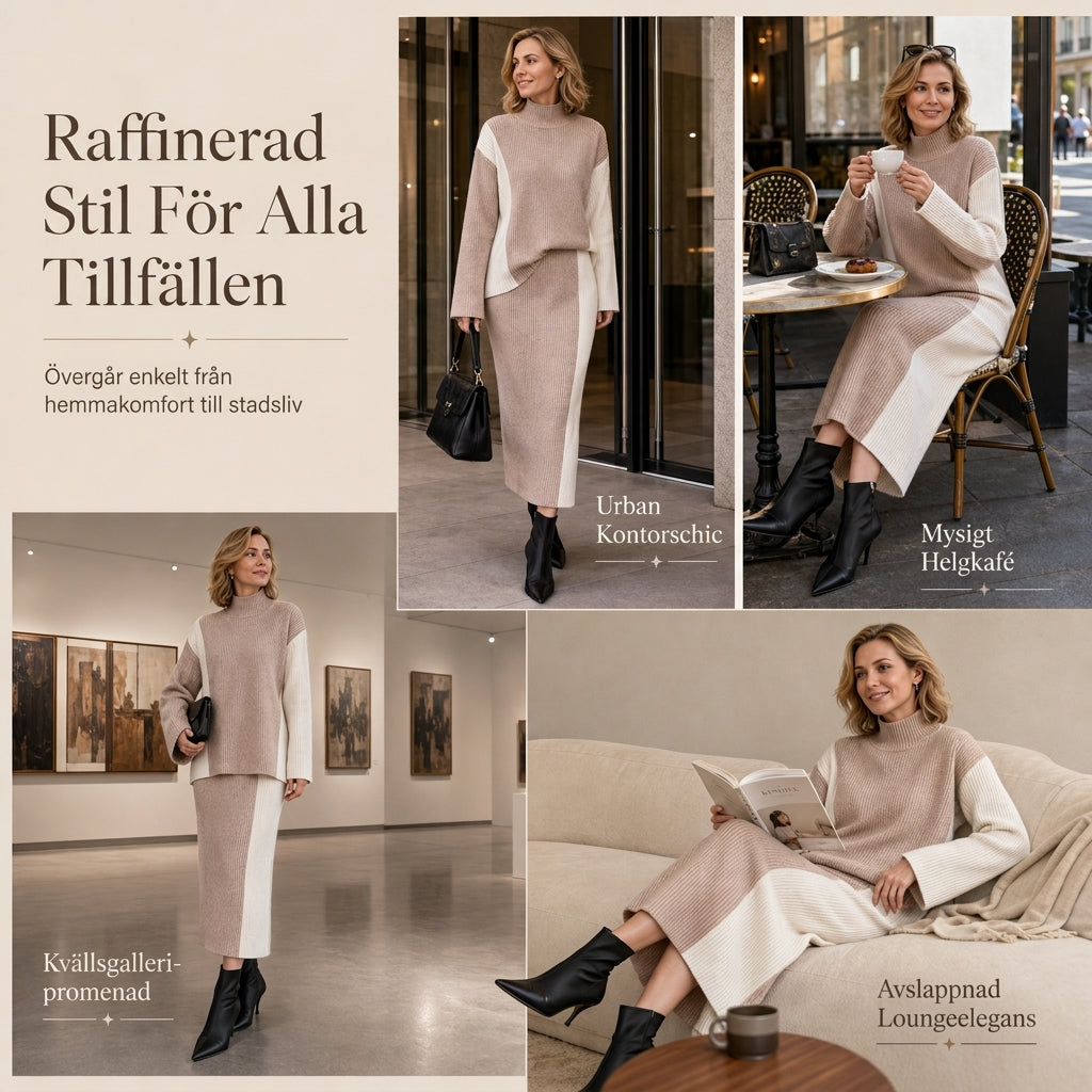 🍂 Höst-/vintererbjudande ✨ 2-delat stickat set för damer i färgblock – varm tröja och elegant kjol för en chic look-6