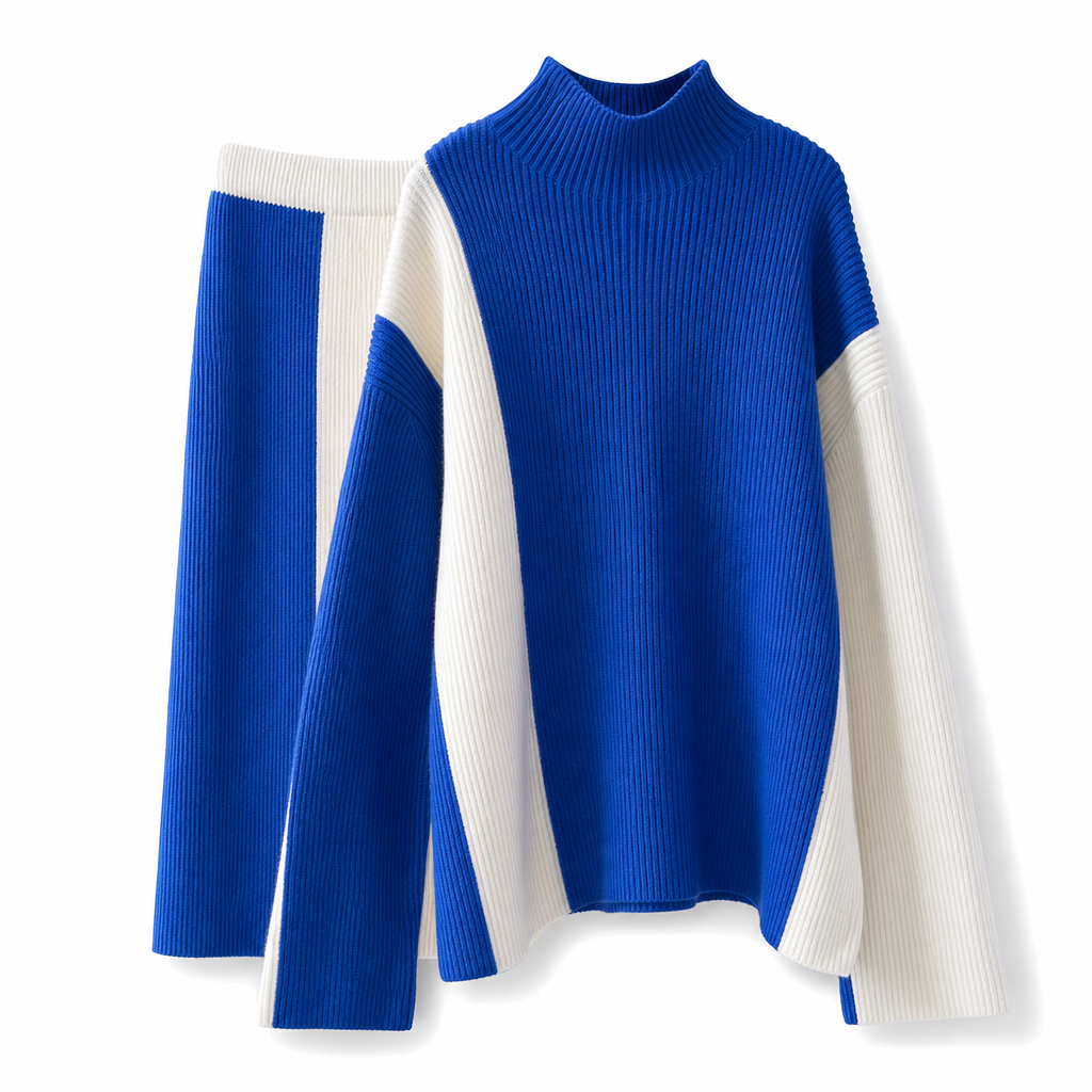 🍂 Höst-/vintererbjudande ✨ 2-delat stickat set för damer i färgblock – varm tröja och elegant kjol för en chic look-11