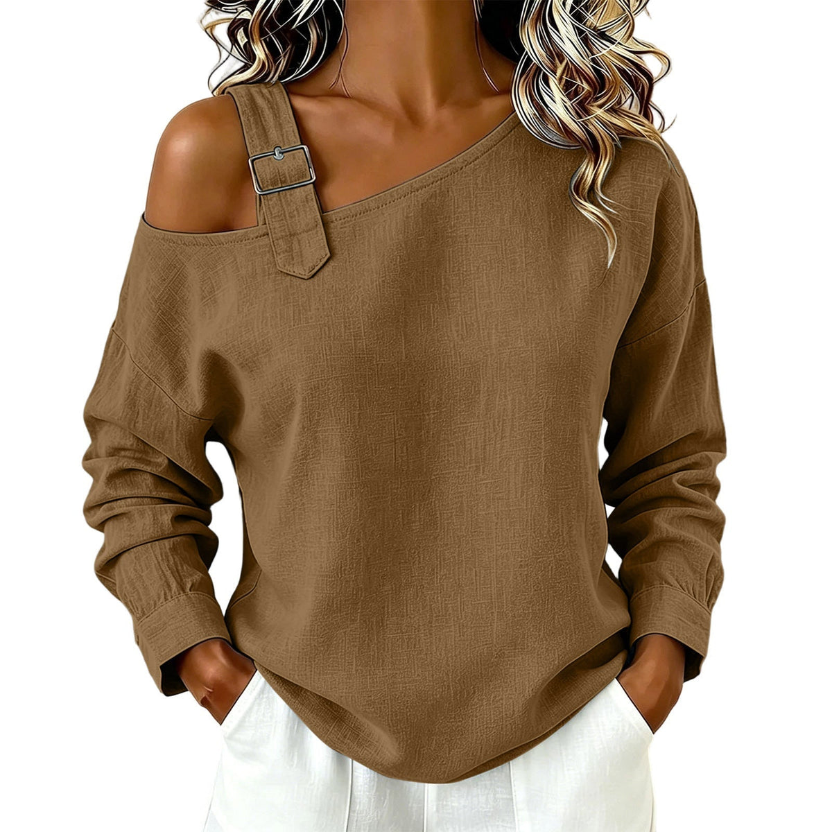 ✨Asymmetrisk design, unik & snygg – Dam en-axel linne-topp ✨-9