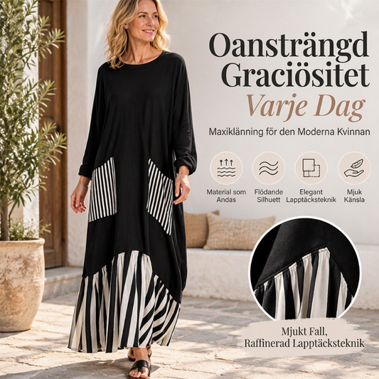 🌿50 % RABATT ✨Lång maxiklänning med långa ärmar i patchwork med ränder för damer