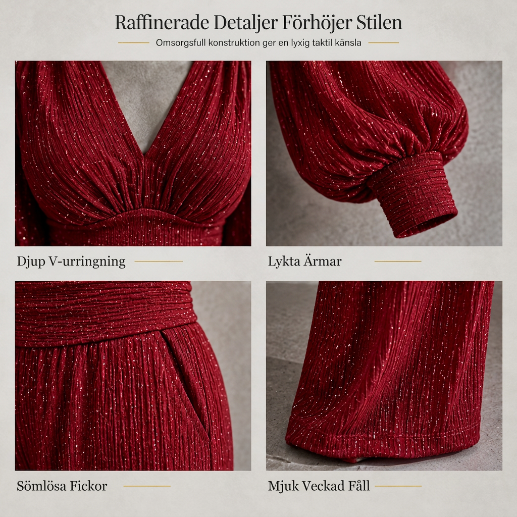 Tvådelad outfit för kvinnor höst vinter djup v-ringad krage lanternärmad plisserad topp och byxor med vida ben med fickor-4