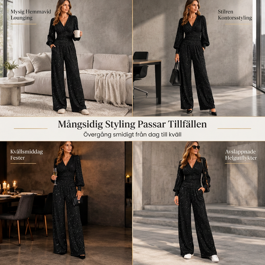 Tvådelad outfit för kvinnor höst vinter djup v-ringad krage lanternärmad plisserad topp och byxor med vida ben med fickor-6