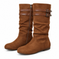 👢Dam Retro Mocka Slouchy Knähöga Stövlar Bekväm Platt Dubbel Spänne Höga Stövlar-10