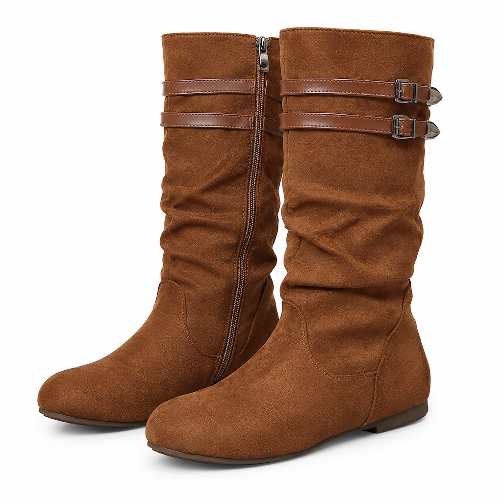 👢Dam Retro Mocka Slouchy Knähöga Stövlar Bekväm Platt Dubbel Spänne Höga Stövlar-10