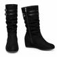 👢Dam Retro Mocka Slouchy Knähöga Stövlar Bekväm Platt Dubbel Spänne Höga Stövlar-8