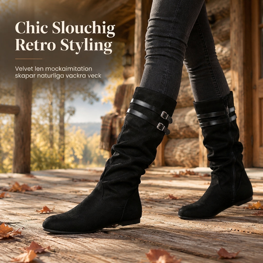 👢Dam Retro Mocka Slouchy Knähöga Stövlar Bekväm Platt Dubbel Spänne Höga Stövlar-2
