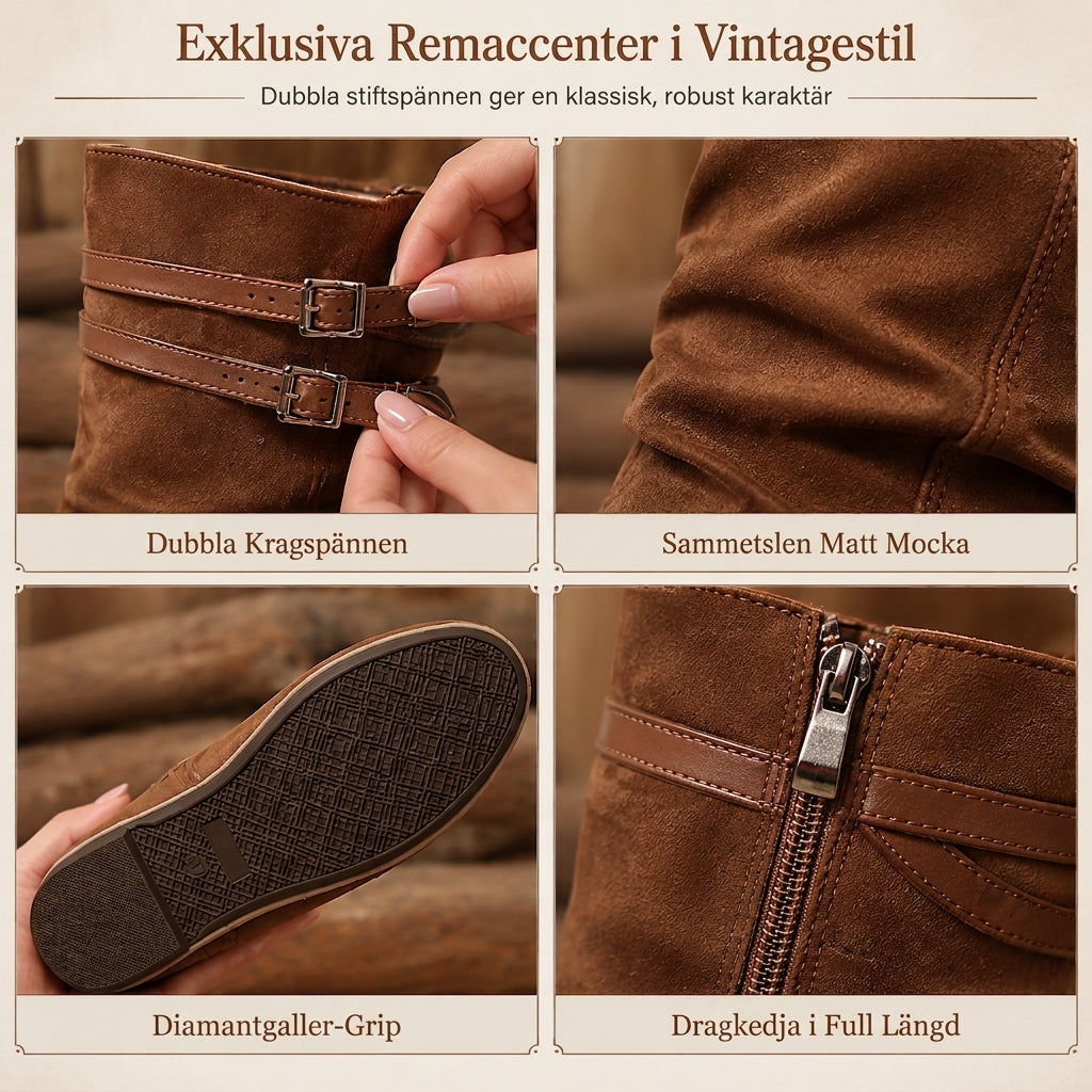 👢Dam Retro Mocka Slouchy Knähöga Stövlar Bekväm Platt Dubbel Spänne Höga Stövlar-4