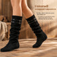👢Dam Retro Mocka Slouchy Knähöga Stövlar Bekväm Platt Dubbel Spänne Höga Stövlar-5