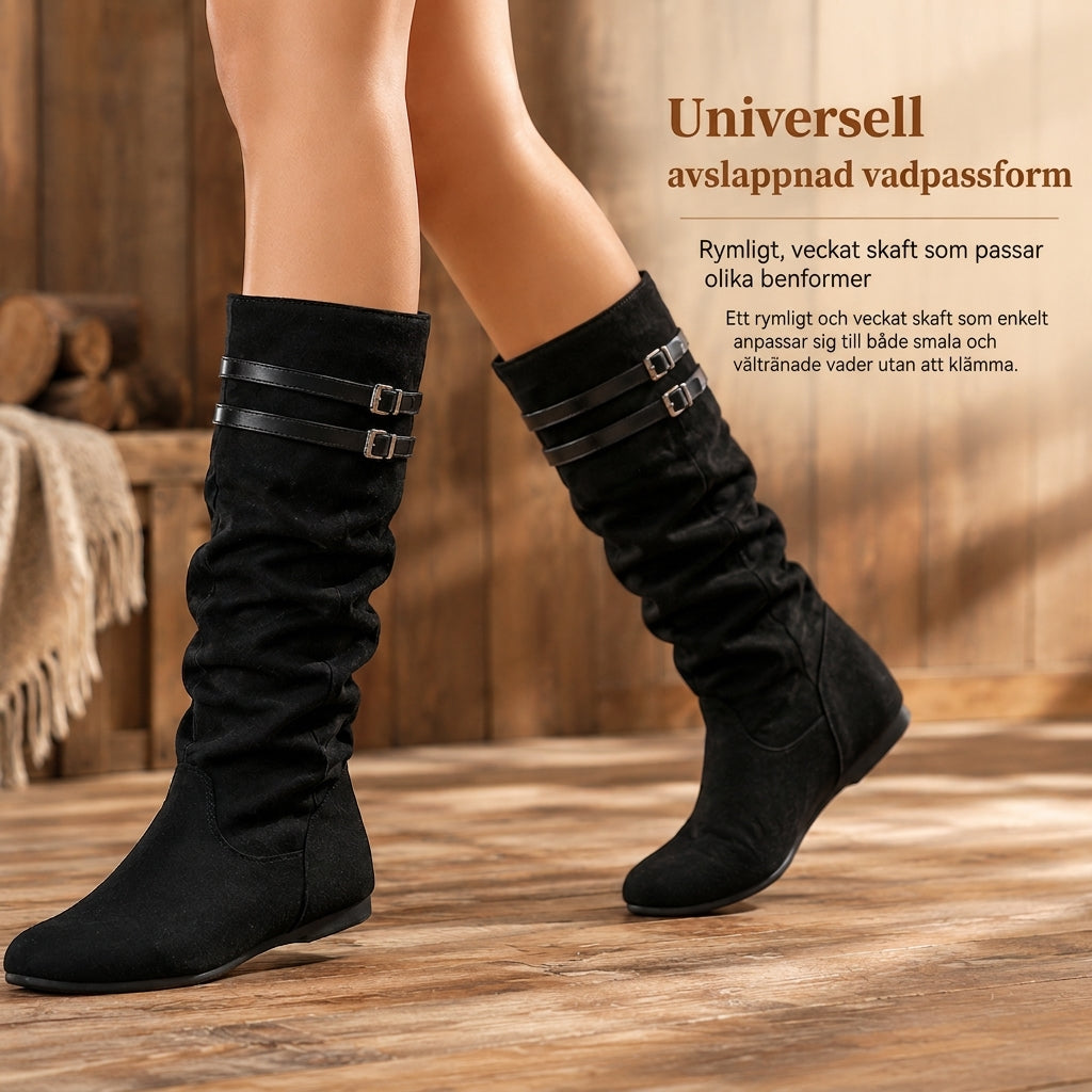 👢Dam Retro Mocka Slouchy Knähöga Stövlar Bekväm Platt Dubbel Spänne Höga Stövlar-5