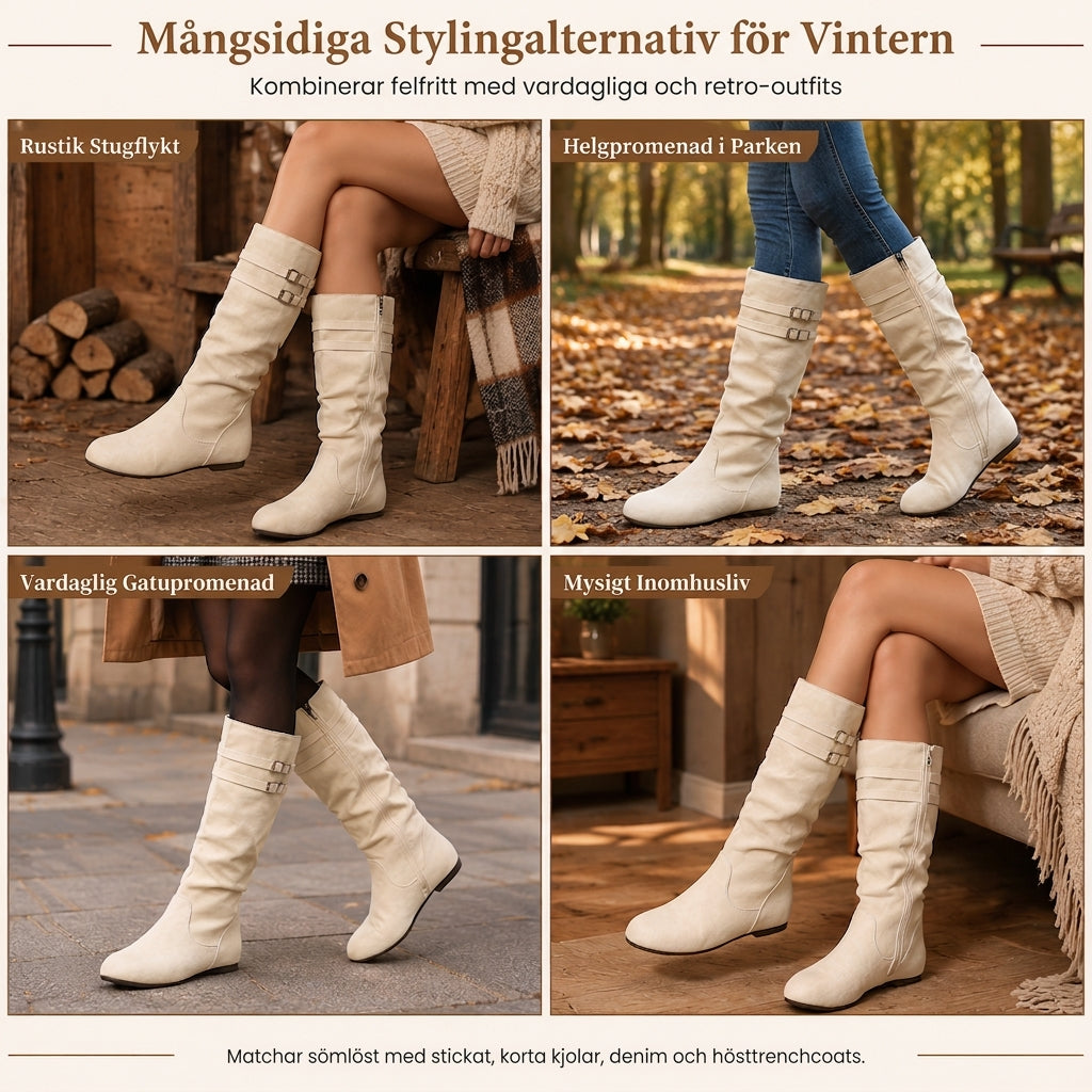 👢Dam Retro Mocka Slouchy Knähöga Stövlar Bekväm Platt Dubbel Spänne Höga Stövlar-6